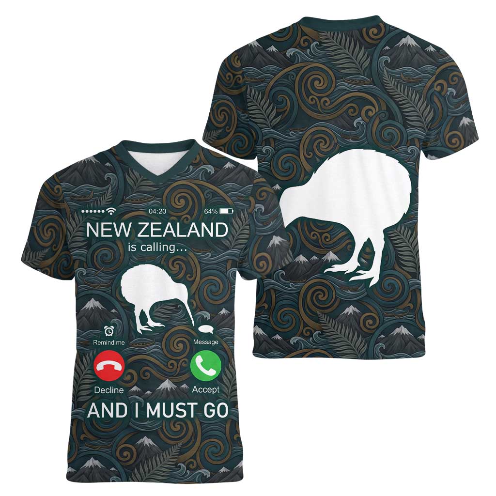New Zealand is Calling and I Must Go Women V-Neck T-Shirt Kiwi Bird Silhouette