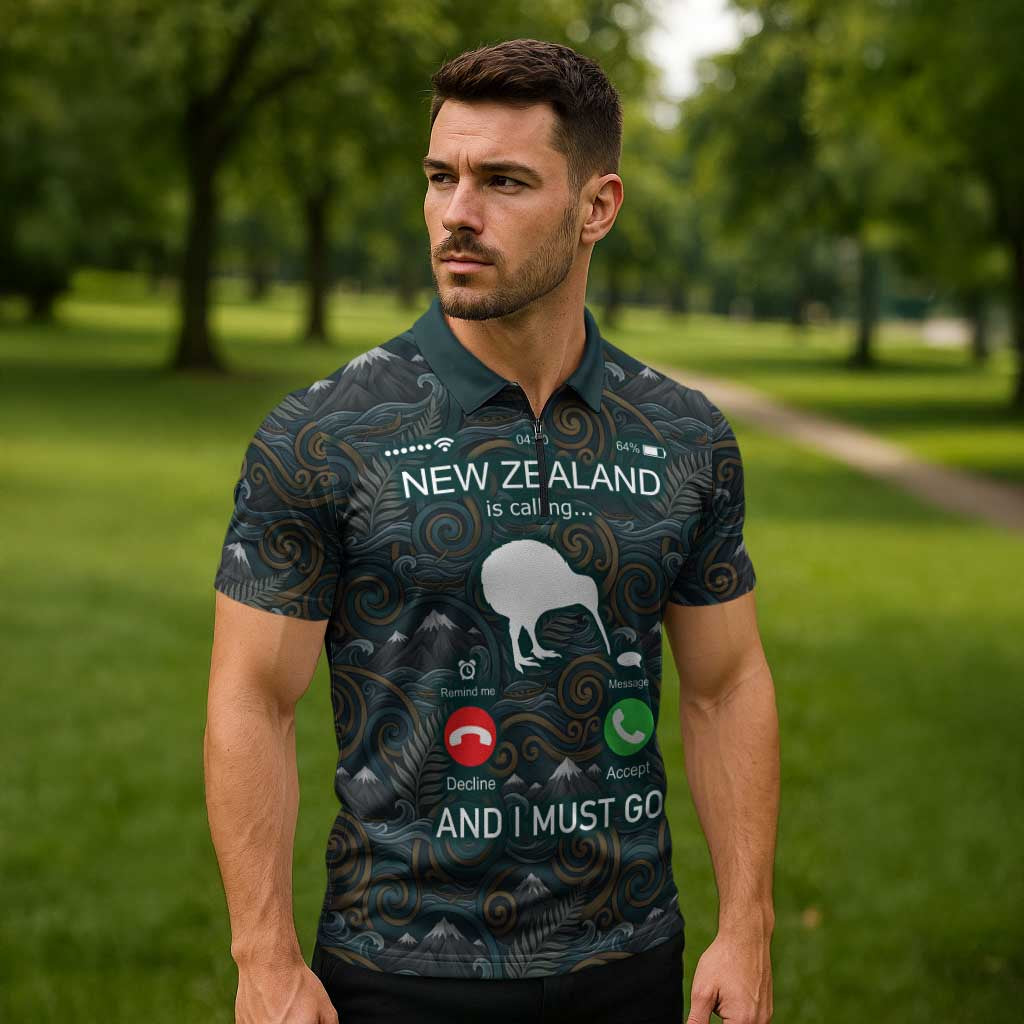 New Zealand is Calling and I Must Go Zipper Polo Shirt Kiwi Bird Silhouette