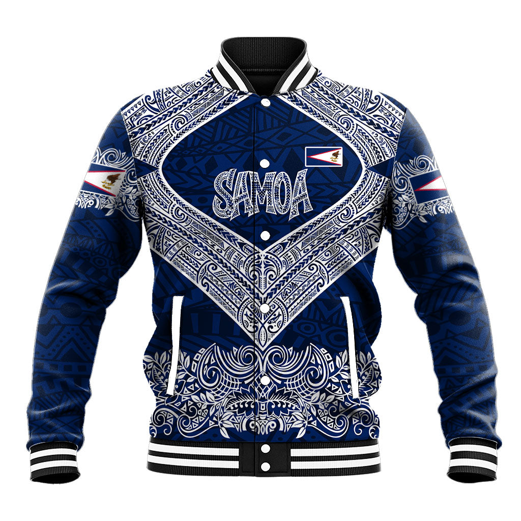 American Samoa Eagle Baseball Jacket Sea Turtle Traditional Polynesian Tribal Tattoo TS04 Unisex Blue White - Polynesian Pride