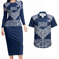 American Samoa Eagle Couples Matching Long Sleeve Bodycon Dress and Hawaiian Shirt Sea Turtle Traditional Polynesian Tribal Tattoo TS04 Blue White - Polynesian Pride