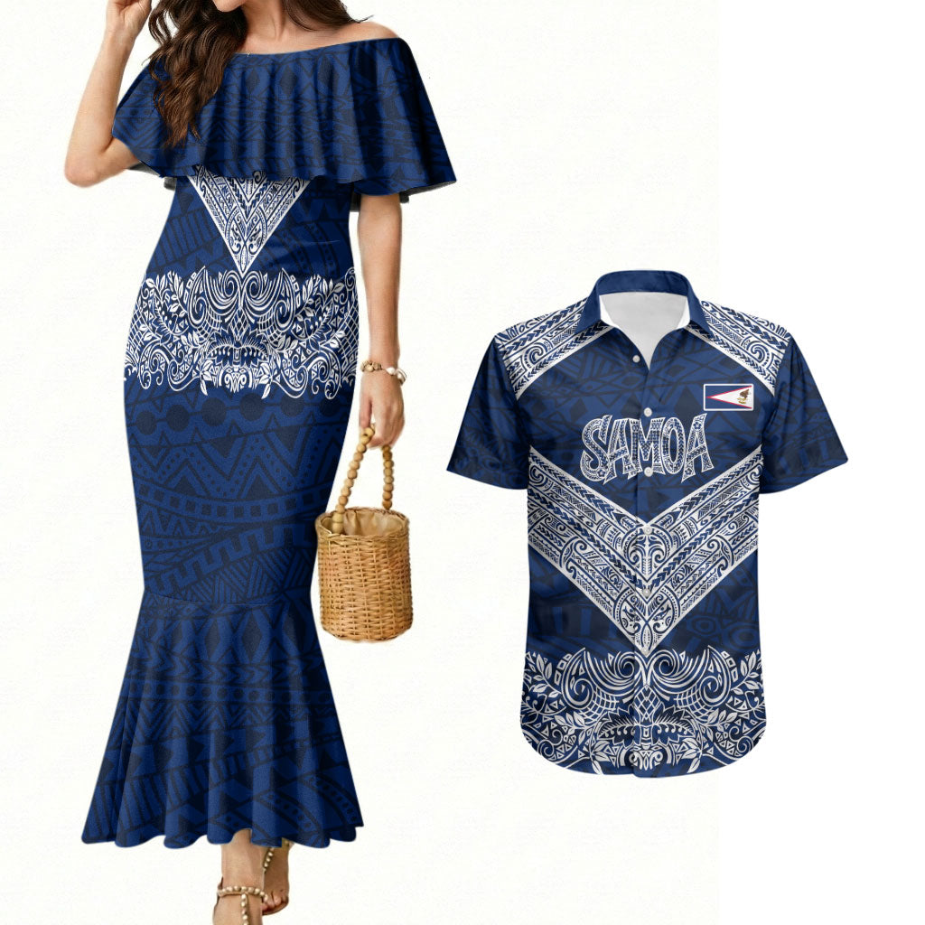 American Samoa Eagle Couples Matching Mermaid Dress and Hawaiian Shirt Sea Turtle Traditional Polynesian Tribal Tattoo TS04 Blue White - Polynesian Pride