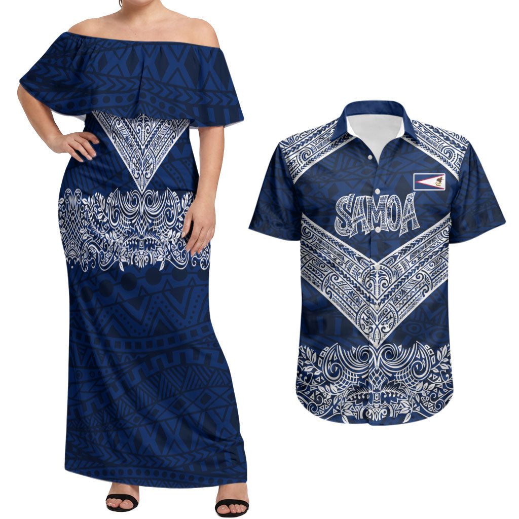American Samoa Eagle Couples Matching Off Shoulder Maxi Dress and Hawaiian Shirt Sea Turtle Traditional Polynesian Tribal Tattoo TS04 Blue White - Polynesian Pride
