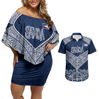 American Samoa Eagle Couples Matching Off Shoulder Short Dress and Hawaiian Shirt Sea Turtle Traditional Polynesian Tribal Tattoo TS04 Blue White - Polynesian Pride