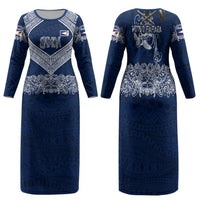 American Samoa Eagle Family Matching Long Sleeve Bodycon Dress and Hawaiian Shirt Sea Turtle Traditional Polynesian Tribal Tattoo TS04 Mom's Dress Blue White - Polynesian Pride