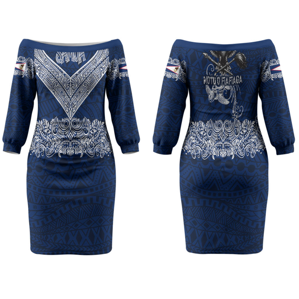 American Samoa Eagle Family Matching Off The Shoulder Long Sleeve Dress and Hawaiian Shirt Sea Turtle Traditional Polynesian Tribal Tattoo TS04 Mom's Dress Blue White - Polynesian Pride