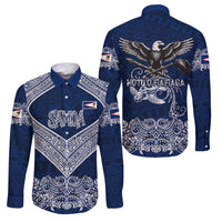 American Samoa Eagle Family Matching Off The Shoulder Long Sleeve Dress and Hawaiian Shirt Sea Turtle Traditional Polynesian Tribal Tattoo TS04 Dad's Shirt - Long Sleeve Blue White - Polynesian Pride