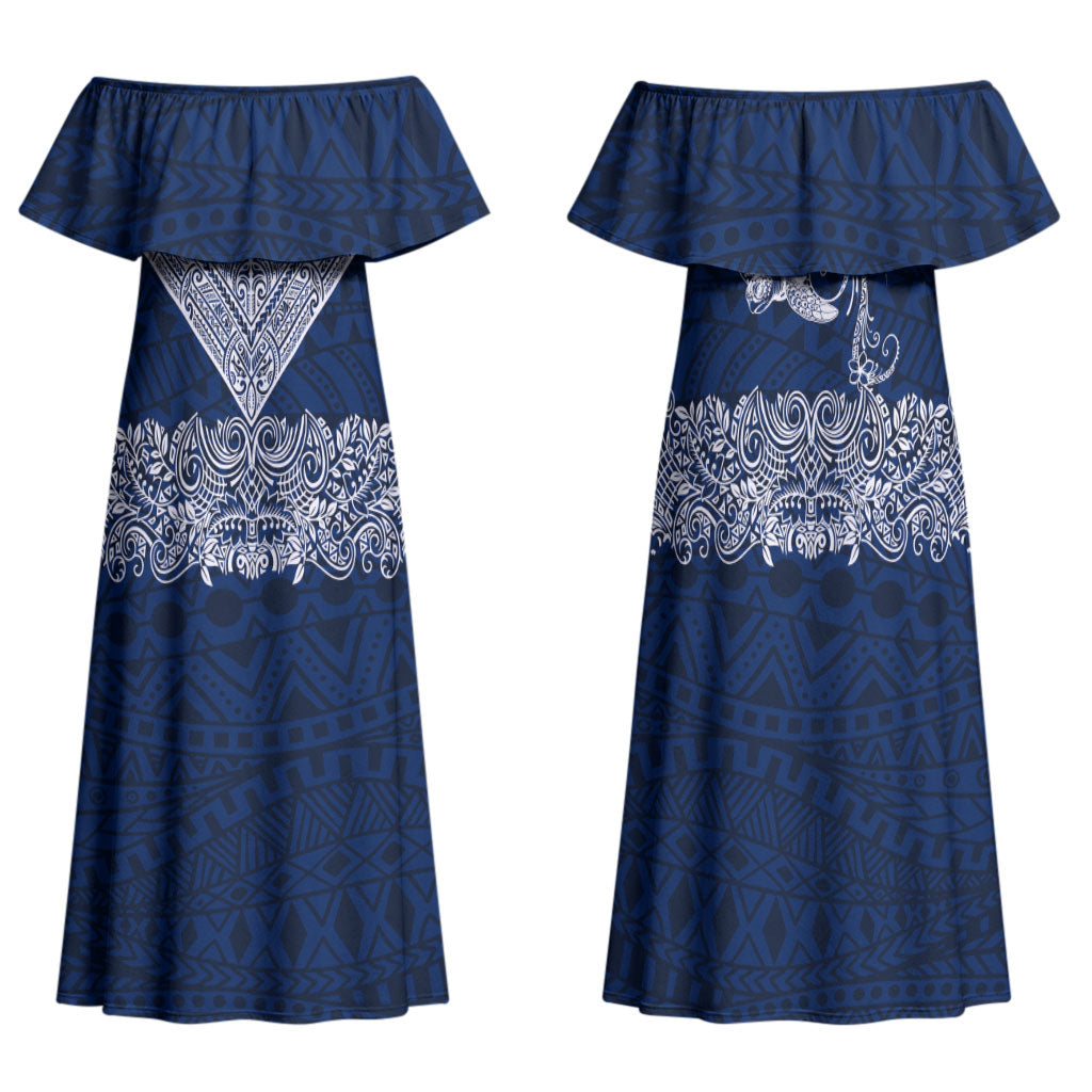 American Samoa Eagle Family Matching Off Shoulder Maxi Dress and Hawaiian Shirt Sea Turtle Traditional Polynesian Tribal Tattoo TS04 Mom's Dress Blue White - Polynesian Pride