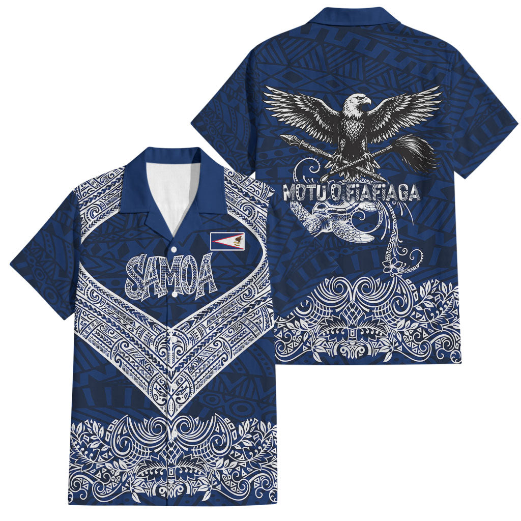American Samoa Eagle Family Matching Off Shoulder Short Dress and Hawaiian Shirt Sea Turtle Traditional Polynesian Tribal Tattoo TS04 Dad's Shirt - Short Sleeve Blue White - Polynesian Pride