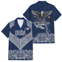 American Samoa Eagle Family Matching Tank Maxi Dress and Hawaiian Shirt Sea Turtle Traditional Polynesian Tribal Tattoo TS04 Dad's Shirt - Short Sleeve Blue White - Polynesian Pride