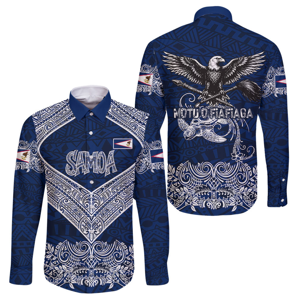 American Samoa Eagle Family Matching Tank Maxi Dress and Hawaiian Shirt Sea Turtle Traditional Polynesian Tribal Tattoo TS04 Dad's Shirt - Long Sleeve Blue White - Polynesian Pride