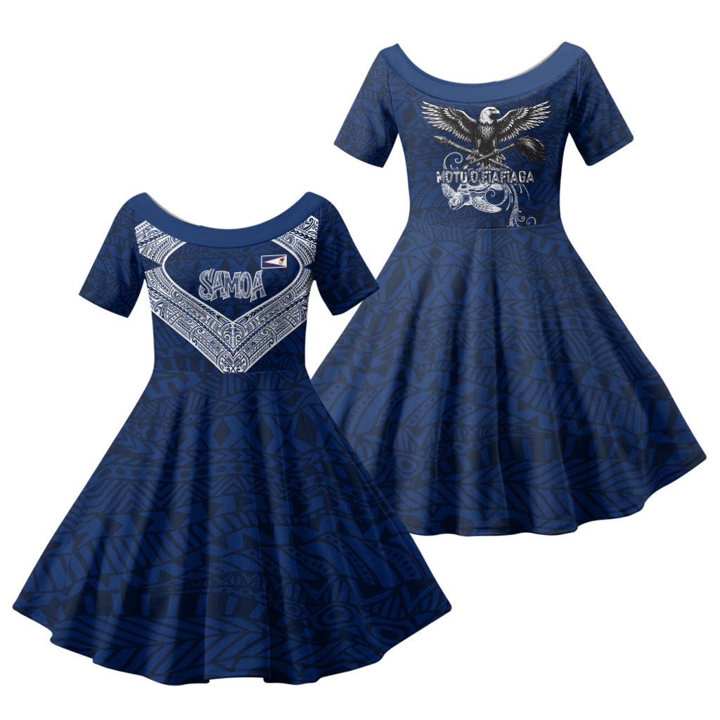 American Samoa Eagle Family Matching Tank Maxi Dress and Hawaiian Shirt Sea Turtle Traditional Polynesian Tribal Tattoo TS04 Daughter's Dress Blue White - Polynesian Pride