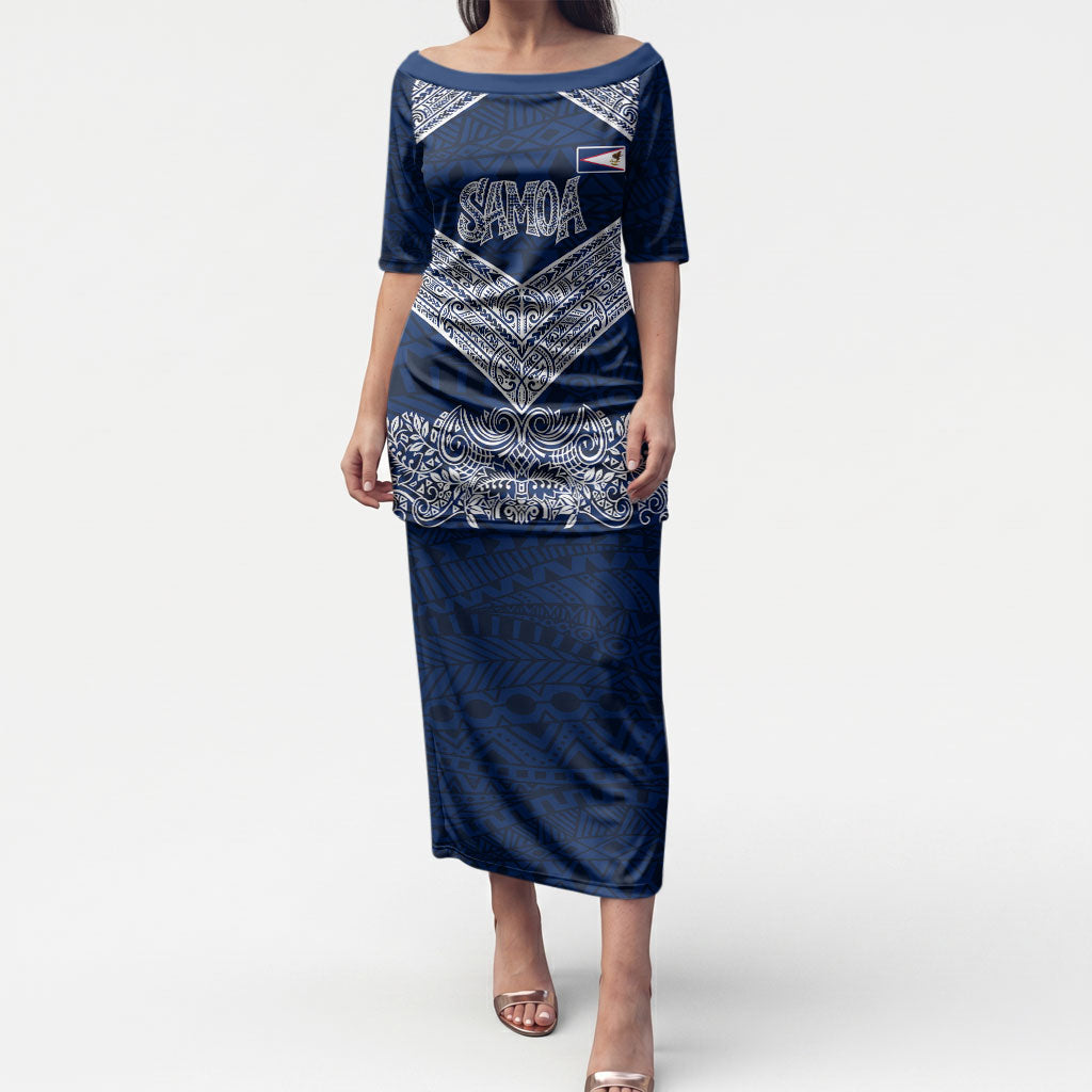 American Samoa Eagle Puletasi Sea Turtle Traditional Polynesian Tribal Tattoo TS04 Long Dress Blue White - Polynesian Pride
