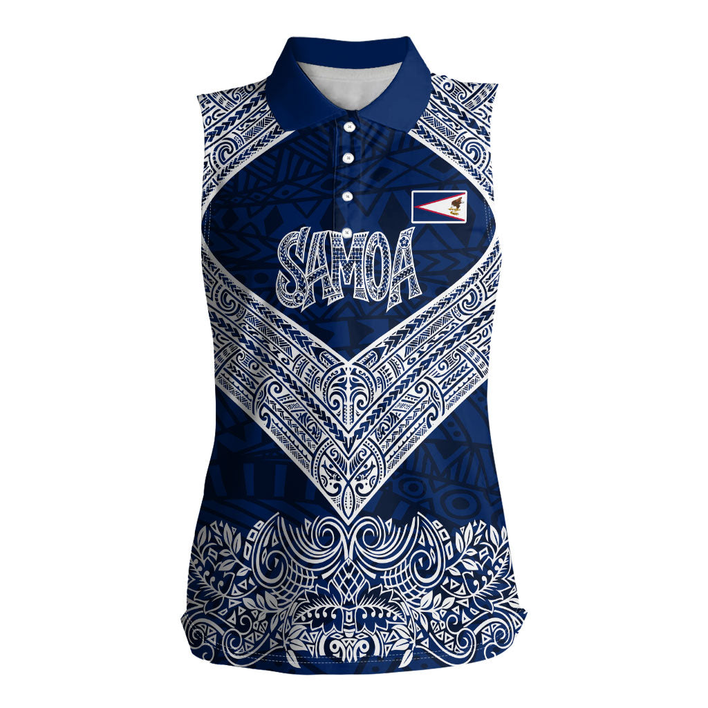 American Samoa Eagle Women Sleeveless Polo Shirt Sea Turtle Traditional Polynesian Tribal Tattoo TS04 Female Blue White - Polynesian Pride