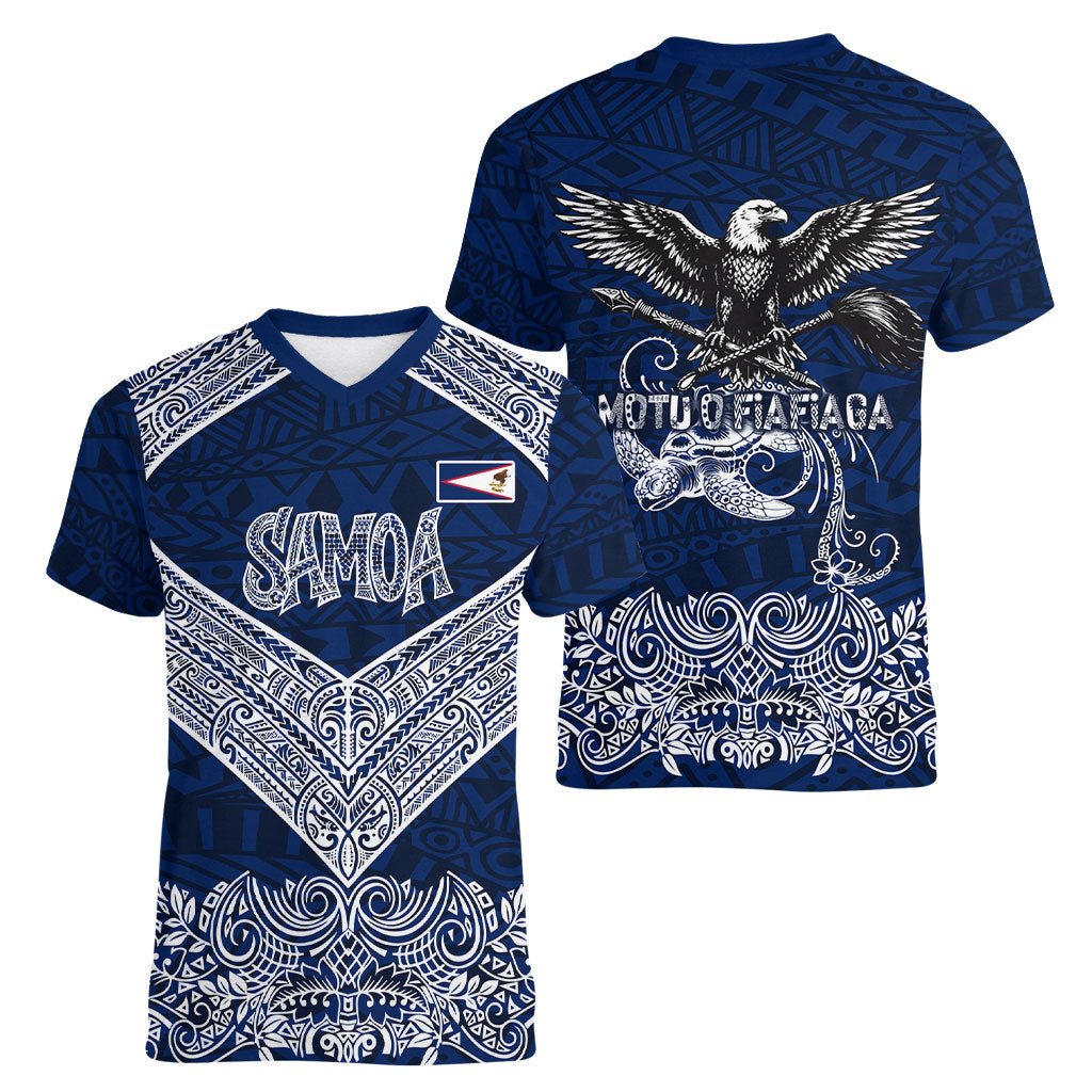 American Samoa Eagle Women V-Neck T-Shirt Sea Turtle Traditional Polynesian Tribal Tattoo TS04 - Polynesian Pride