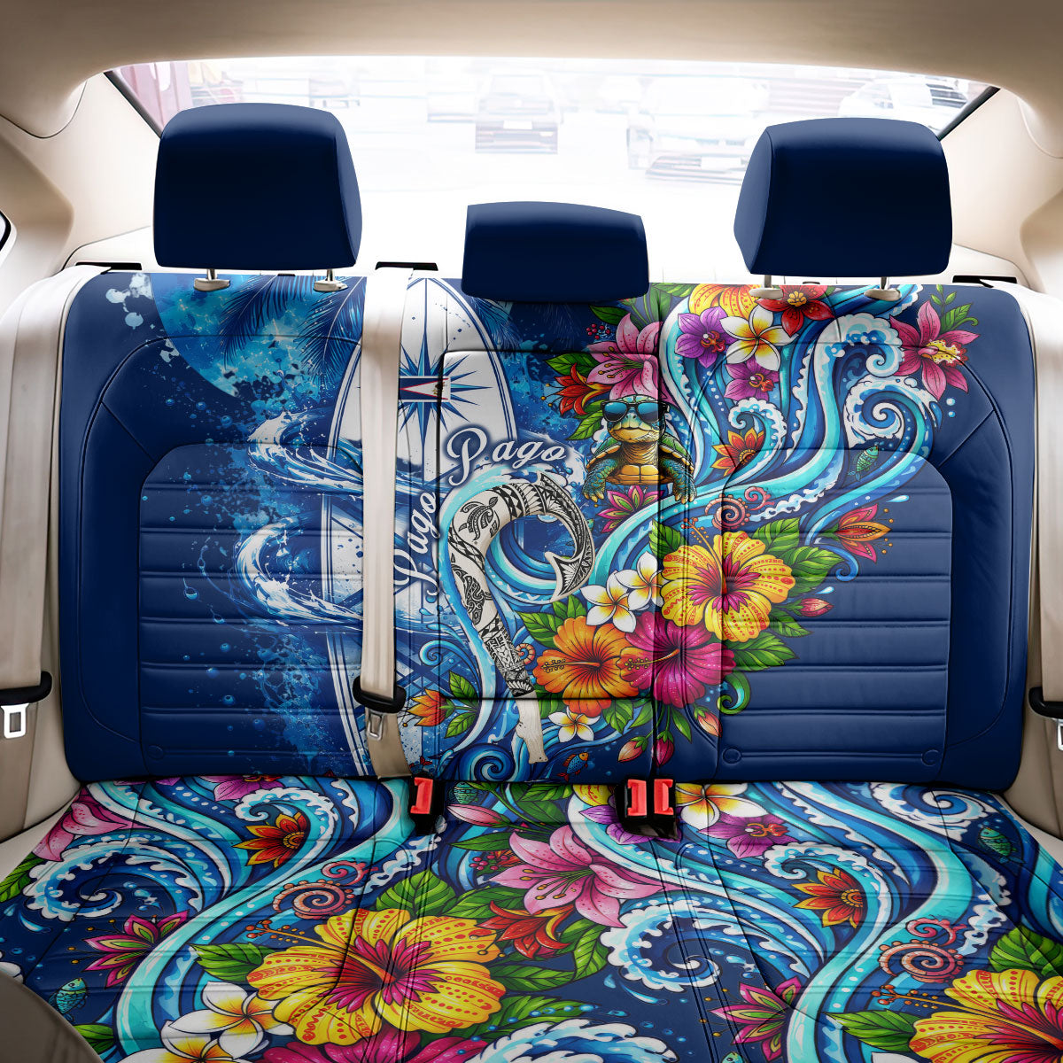 American Samoa Pago Pago Back Car Seat Cover Sea Turtle And Fruit Bat - Tropical Hibiscus Flowers Polynesian TS04 - Polynesian Pride