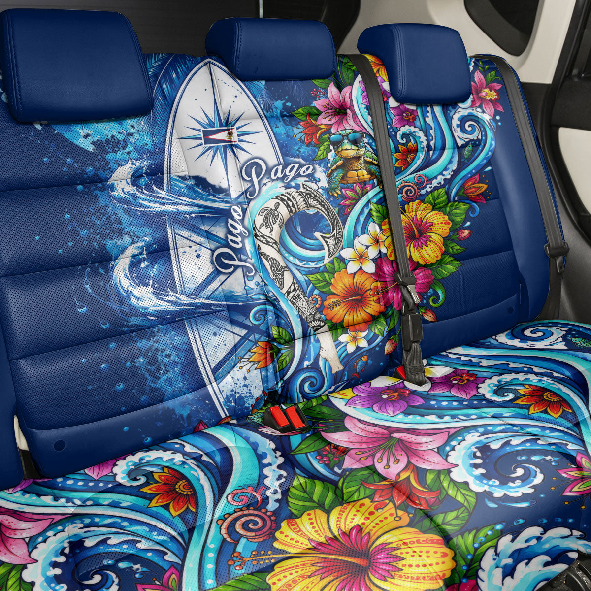American Samoa Pago Pago Back Car Seat Cover Sea Turtle And Fruit Bat - Tropical Hibiscus Flowers Polynesian TS04 - Polynesian Pride