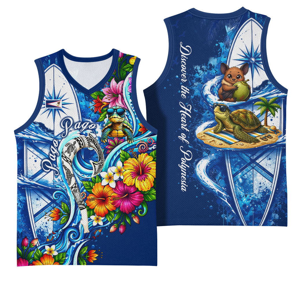 American Samoa Pago Pago Basketball Jersey Sea Turtle And Fruit Bat - Tropical Hibiscus Flowers Polynesian TS04 - Polynesian Pride