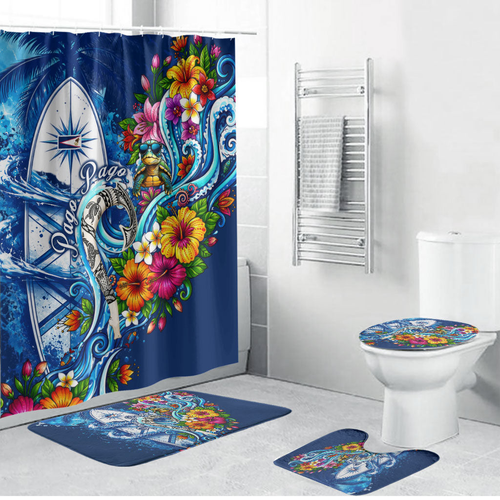 American Samoa Pago Pago Bathroom Set Sea Turtle And Fruit Bat - Tropical Hibiscus Flowers Polynesian TS04 Bathroom Set (4 pcs) Blue White - Polynesian Pride