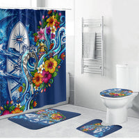 American Samoa Pago Pago Bathroom Set Sea Turtle And Fruit Bat - Tropical Hibiscus Flowers Polynesian TS04 Bathroom Set (4 pcs) Blue White - Polynesian Pride