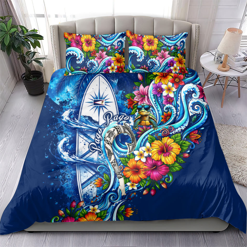 American Samoa Pago Pago Bedding Set Sea Turtle And Fruit Bat - Tropical Hibiscus Flowers Polynesian