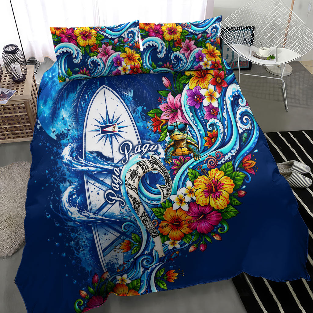 American Samoa Pago Pago Bedding Set Sea Turtle And Fruit Bat - Tropical Hibiscus Flowers Polynesian
