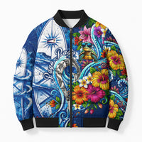 American Samoa Pago Pago Bomber Puffer Jacket Sea Turtle And Fruit Bat - Tropical Hibiscus Flowers Polynesian TS04 Unisex Blue White - Polynesian Pride