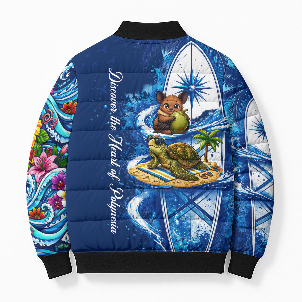 American Samoa Pago Pago Bomber Puffer Jacket Sea Turtle And Fruit Bat - Tropical Hibiscus Flowers Polynesian TS04 - Polynesian Pride