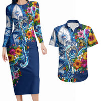 American Samoa Pago Pago Couples Matching Long Sleeve Bodycon Dress and Hawaiian Shirt Sea Turtle And Fruit Bat - Tropical Hibiscus Flowers Polynesian TS04 Blue White - Polynesian Pride