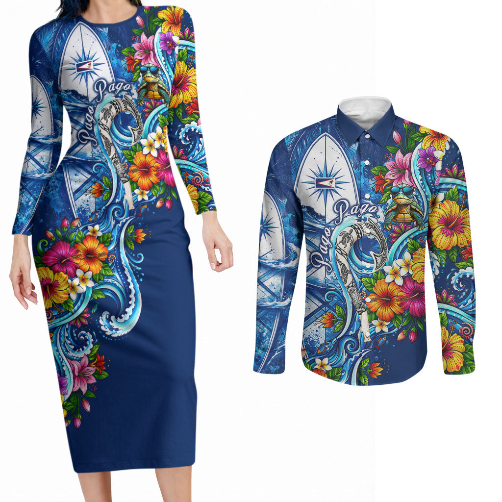 American Samoa Pago Pago Couples Matching Long Sleeve Bodycon Dress and Long Sleeve Button Shirt Sea Turtle And Fruit Bat - Tropical Hibiscus Flowers Polynesian