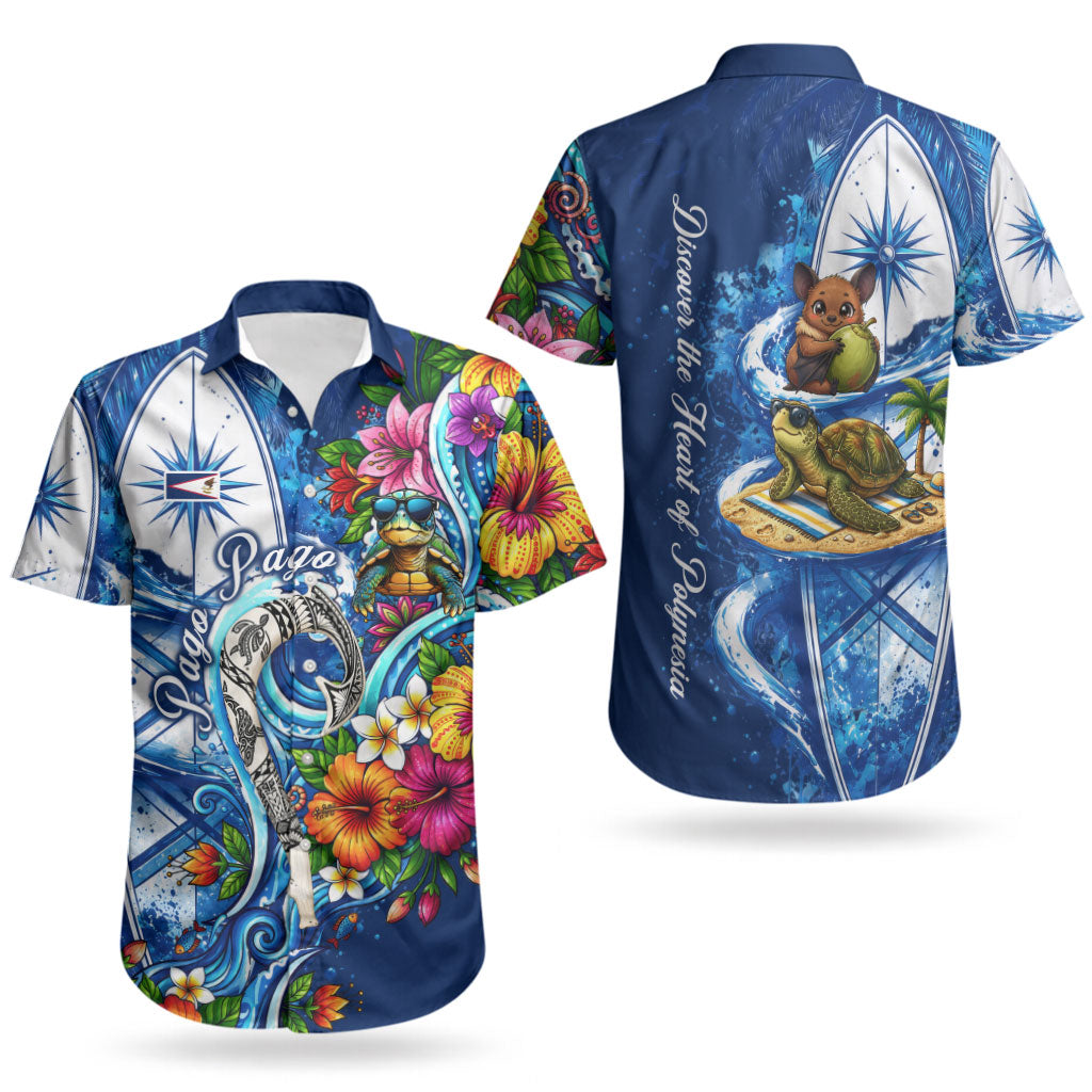 American Samoa Pago Pago Couples Matching Off Shoulder Maxi Dress and Hawaiian Shirt Sea Turtle And Fruit Bat - Tropical Hibiscus Flowers Polynesian TS04 - Polynesian Pride