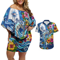 American Samoa Pago Pago Couples Matching Off Shoulder Short Dress and Hawaiian Shirt Sea Turtle And Fruit Bat - Tropical Hibiscus Flowers Polynesian