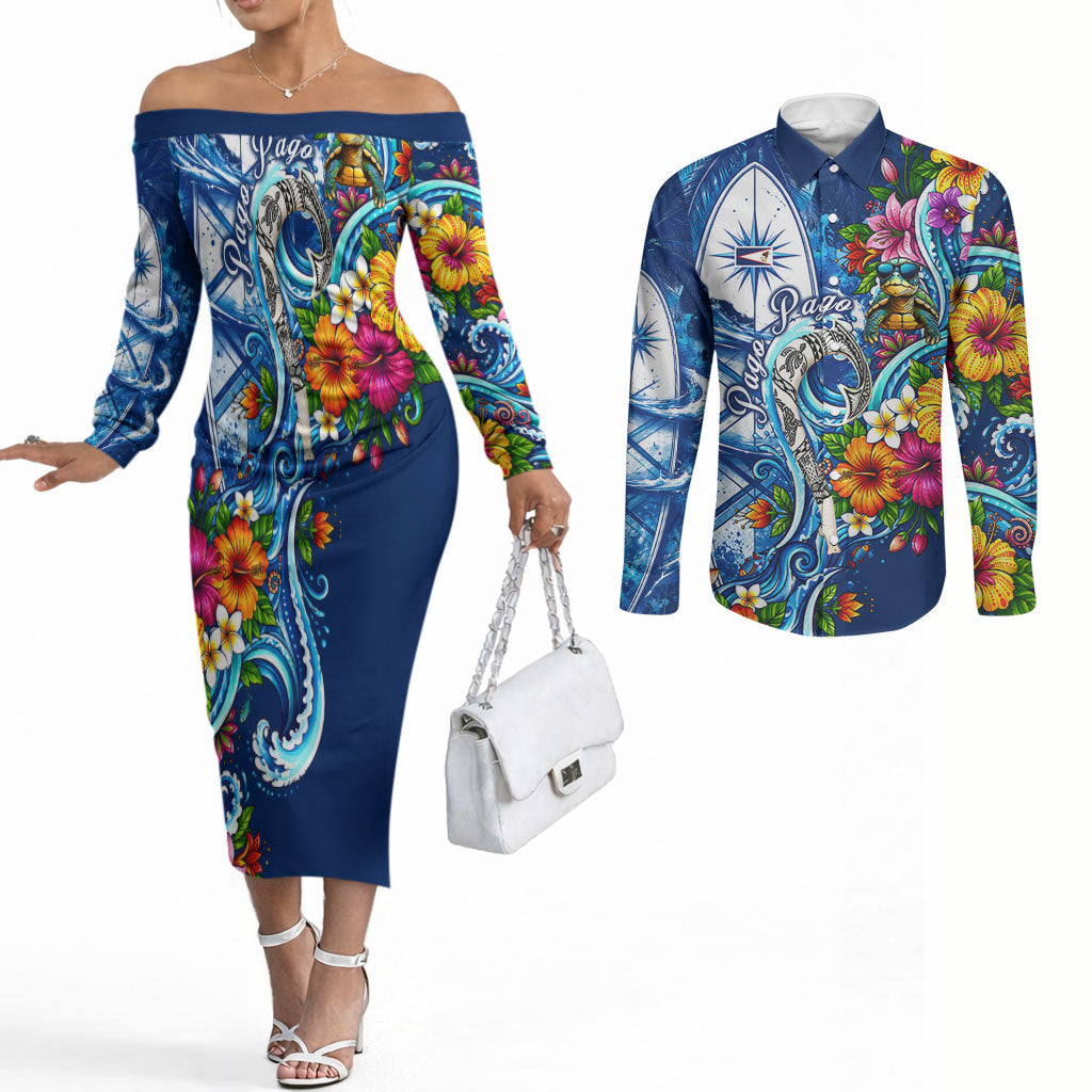 American Samoa Pago Pago Couples Matching Off The Shoulder Long Sleeve Dress and Long Sleeve Button Shirt Sea Turtle And Fruit Bat - Tropical Hibiscus Flowers Polynesian TS04 Blue White - Polynesian Pride