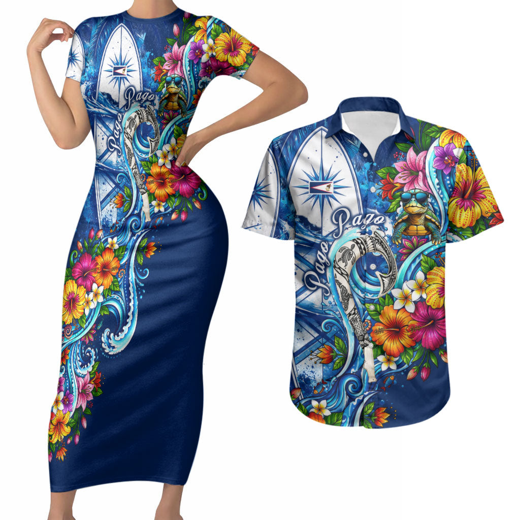 American Samoa Pago Pago Couples Matching Short Sleeve Bodycon Dress and Hawaiian Shirt Sea Turtle And Fruit Bat - Tropical Hibiscus Flowers Polynesian TS04 Blue White - Polynesian Pride