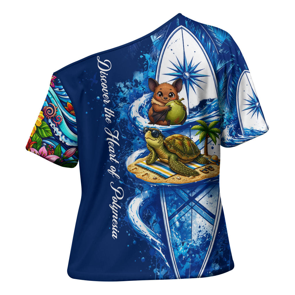 American Samoa Pago Pago Cross Shoulder Shirt Sea Turtle And Fruit Bat - Tropical Hibiscus Flowers Polynesian TS04 - Polynesian Pride