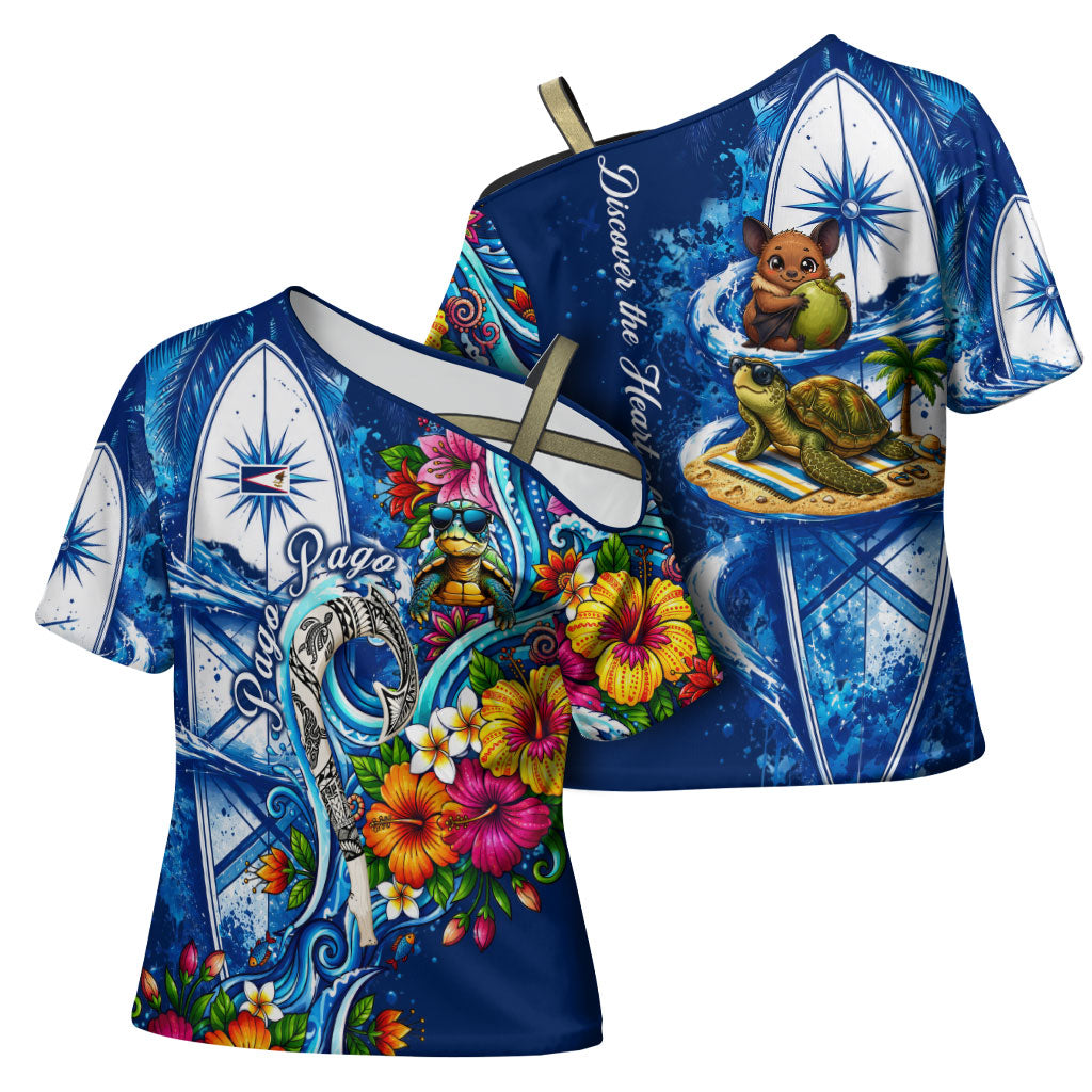 American Samoa Pago Pago Cross Shoulder Shirt Sea Turtle And Fruit Bat - Tropical Hibiscus Flowers Polynesian TS04 - Polynesian Pride