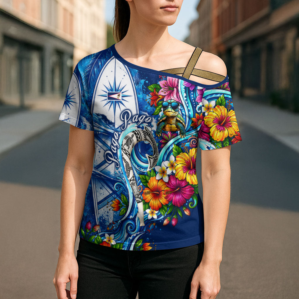American Samoa Pago Pago Cross Shoulder Shirt Sea Turtle And Fruit Bat - Tropical Hibiscus Flowers Polynesian TS04 - Polynesian Pride