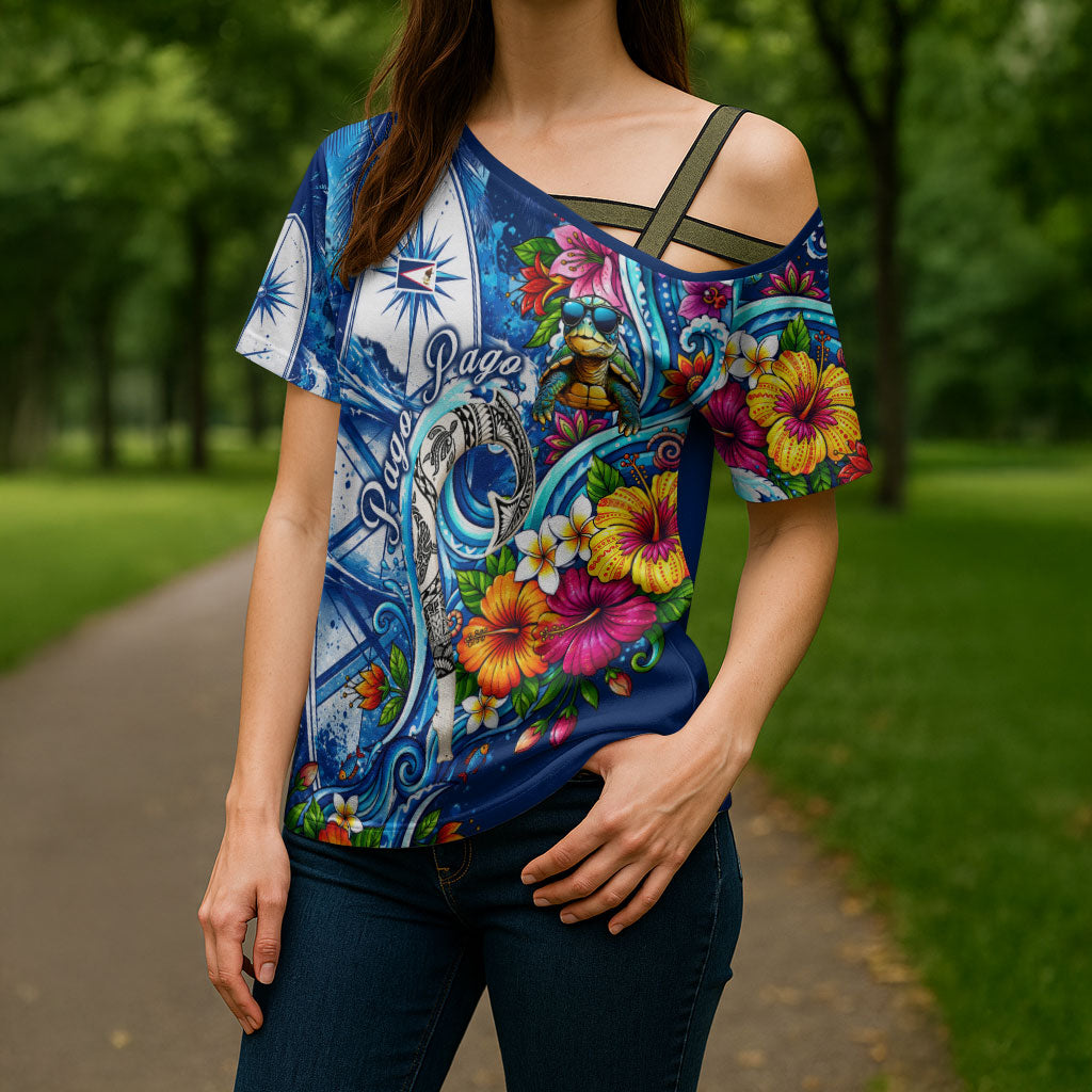 American Samoa Pago Pago Cross Shoulder Shirt Sea Turtle And Fruit Bat - Tropical Hibiscus Flowers Polynesian TS04 - Polynesian Pride