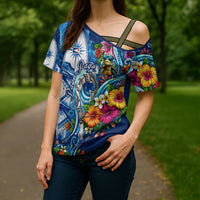 American Samoa Pago Pago Cross Shoulder Shirt Sea Turtle And Fruit Bat - Tropical Hibiscus Flowers Polynesian TS04 - Polynesian Pride