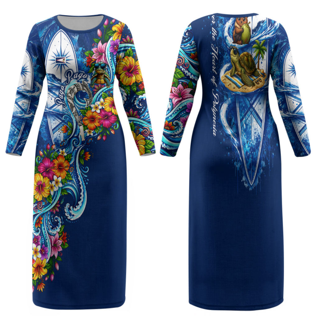 American Samoa Pago Pago Family Matching Long Sleeve Bodycon Dress and Hawaiian Shirt Sea Turtle And Fruit Bat - Tropical Hibiscus Flowers Polynesian TS04 Mom's Dress Blue White - Polynesian Pride