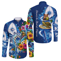 American Samoa Pago Pago Family Matching Long Sleeve Bodycon Dress and Hawaiian Shirt Sea Turtle And Fruit Bat - Tropical Hibiscus Flowers Polynesian TS04 Dad's Shirt - Long Sleeve Blue White - Polynesian Pride