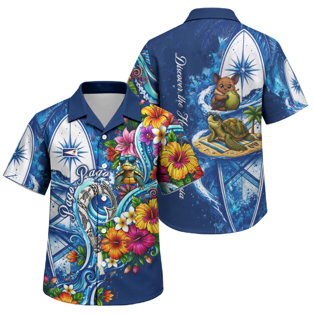 American Samoa Pago Pago Family Matching Mermaid Dress and Hawaiian Shirt Sea Turtle And Fruit Bat - Tropical Hibiscus Flowers Polynesian TS04 Son's Shirt Blue White - Polynesian Pride