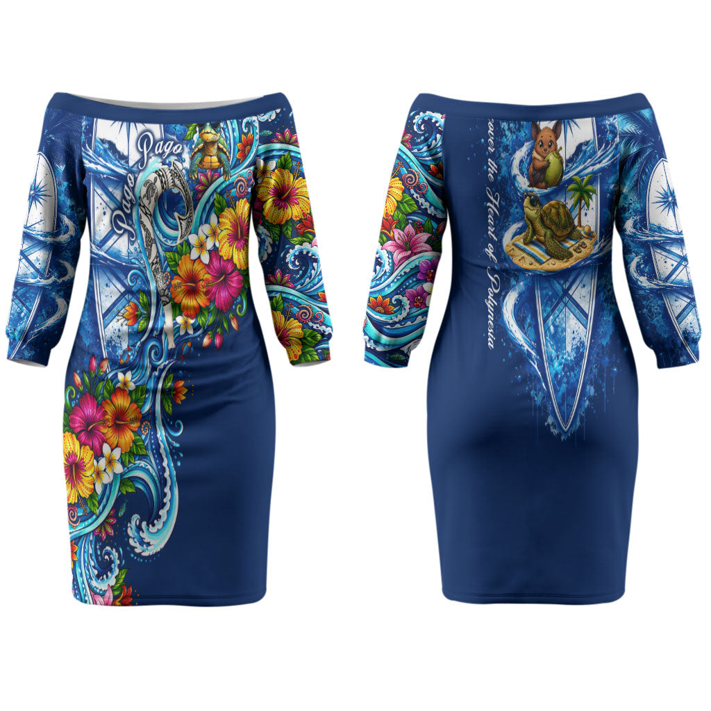 American Samoa Pago Pago Family Matching Off The Shoulder Long Sleeve Dress and Hawaiian Shirt Sea Turtle And Fruit Bat - Tropical Hibiscus Flowers Polynesian TS04 Mom's Dress Blue White - Polynesian Pride