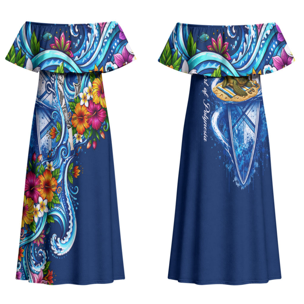 American Samoa Pago Pago Family Matching Off Shoulder Maxi Dress and Hawaiian Shirt Sea Turtle And Fruit Bat - Tropical Hibiscus Flowers Polynesian TS04 Mom's Dress Blue White - Polynesian Pride