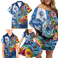 American Samoa Pago Pago Family Matching Off Shoulder Short Dress and Hawaiian Shirt Sea Turtle And Fruit Bat - Tropical Hibiscus Flowers Polynesian TS04 - Polynesian Pride