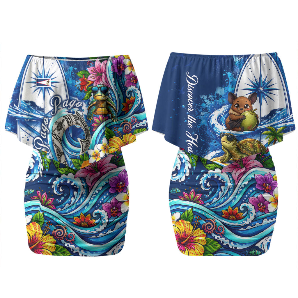 American Samoa Pago Pago Family Matching Off Shoulder Short Dress and Hawaiian Shirt Sea Turtle And Fruit Bat - Tropical Hibiscus Flowers Polynesian TS04 Mom's Dress Blue White - Polynesian Pride