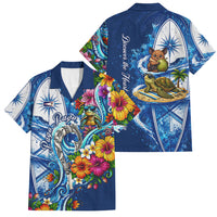 American Samoa Pago Pago Family Matching Off Shoulder Short Dress and Hawaiian Shirt Sea Turtle And Fruit Bat - Tropical Hibiscus Flowers Polynesian TS04 Dad's Shirt - Short Sleeve Blue White - Polynesian Pride