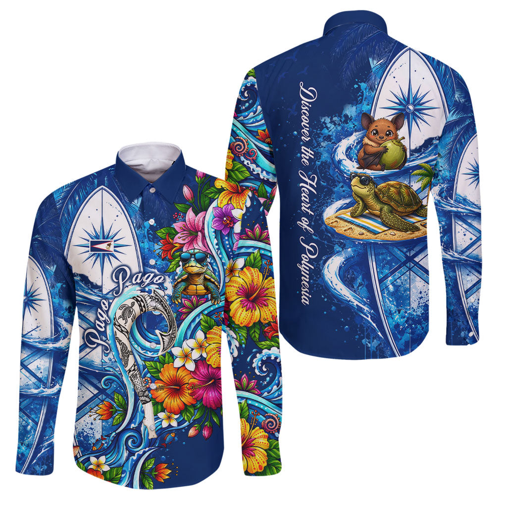 American Samoa Pago Pago Family Matching Off Shoulder Short Dress and Hawaiian Shirt Sea Turtle And Fruit Bat - Tropical Hibiscus Flowers Polynesian TS04 Dad's Shirt - Long Sleeve Blue White - Polynesian Pride