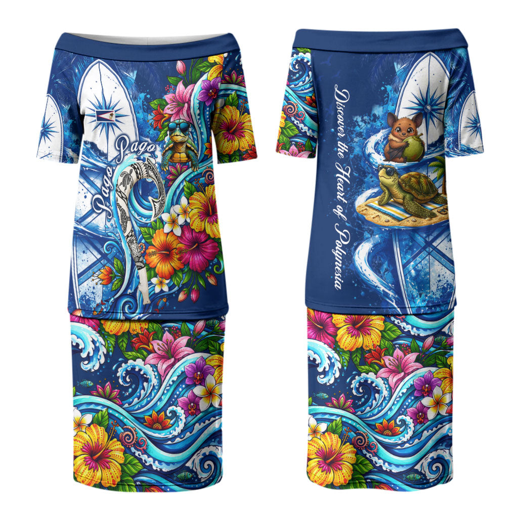 American Samoa Pago Pago Family Matching Puletasi and Hawaiian Shirt Sea Turtle And Fruit Bat - Tropical Hibiscus Flowers Polynesian TS04 Mom's Dress Blue White - Polynesian Pride