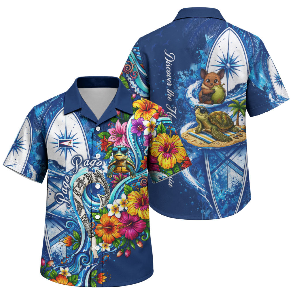 American Samoa Pago Pago Family Matching Puletasi and Hawaiian Shirt Sea Turtle And Fruit Bat - Tropical Hibiscus Flowers Polynesian TS04 Son's Shirt Blue White - Polynesian Pride