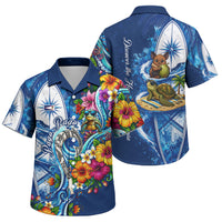 American Samoa Pago Pago Family Matching Puletasi and Hawaiian Shirt Sea Turtle And Fruit Bat - Tropical Hibiscus Flowers Polynesian TS04 Son's Shirt Blue White - Polynesian Pride